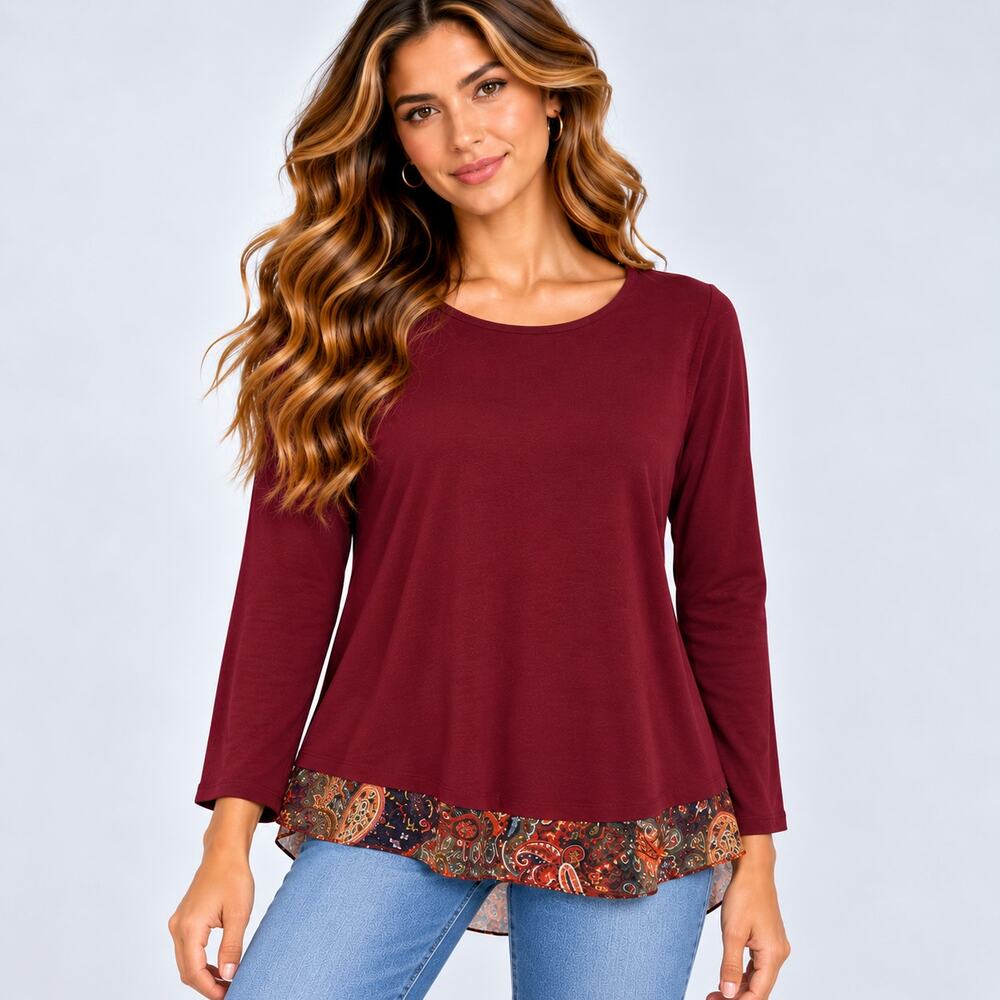 Susan Graver Liquid Knit Blouse Women's Size S Burgundy Floral Paisley Hem Boho